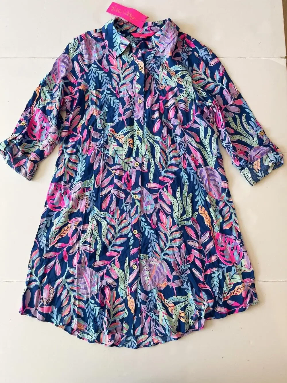 Lilly Pulitzer Natalie Cover Up Womens XS Blue Tropical Print Button Front Tunic